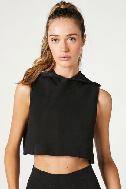 Crop Top Hoodie Noir Côtelé Sans Manches - Athleisure Chic