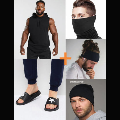 Pack Complet Bonnet de Nuit, Bandeau, T-shirt sans Manches, Sandales et Bonnet Tricot Noir
