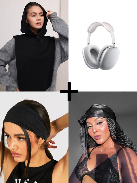 Pack Accessoires de Tête Noir Minimaliste : Snood à Capuche, Bandeau, Durag & Casque Audio Contrasté