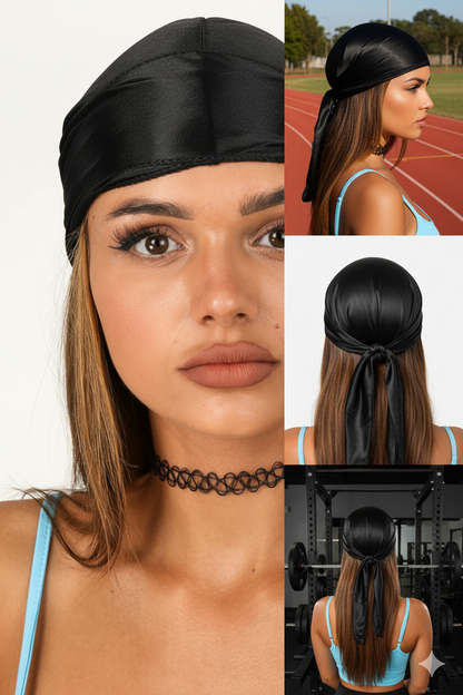 Durag en Satin Noir pour Femme - Style Tendance et Protection Capillaire