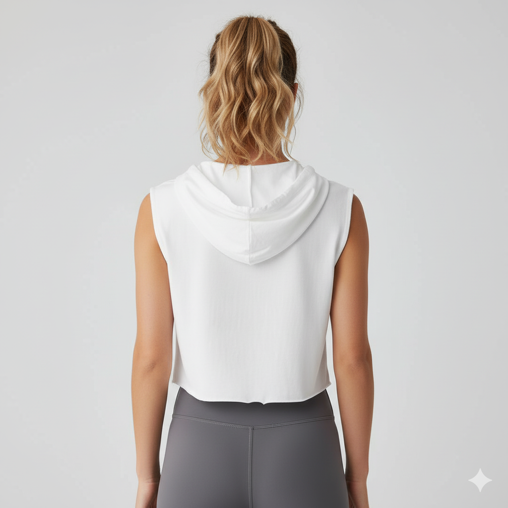 Crop Top Hoodie Blanc Sans Manches - Essentiel Athleisure