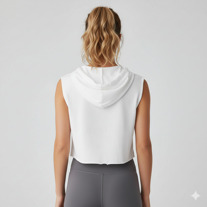 Crop Top Hoodie Blanc Sans Manches - Essentiel Athleisure