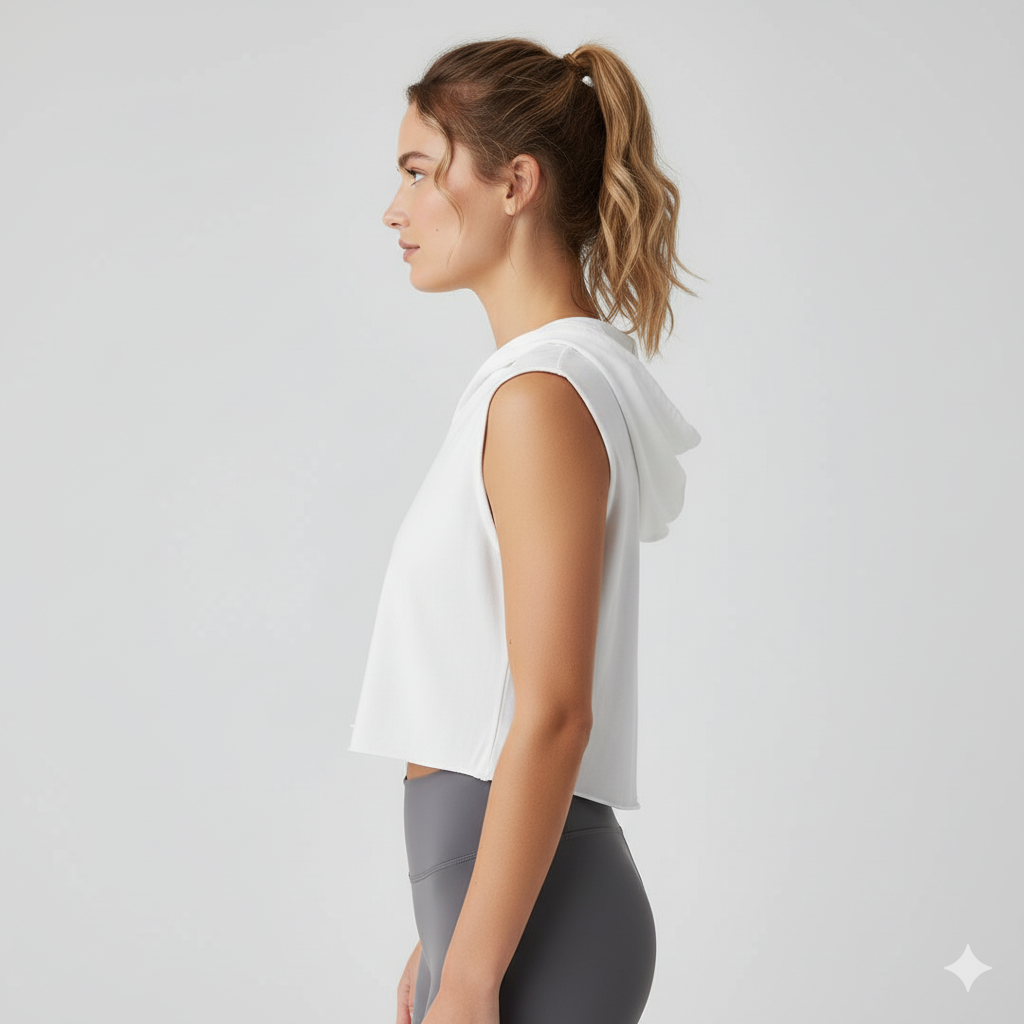 Crop Top Hoodie Blanc Sans Manches - Essentiel Athleisure