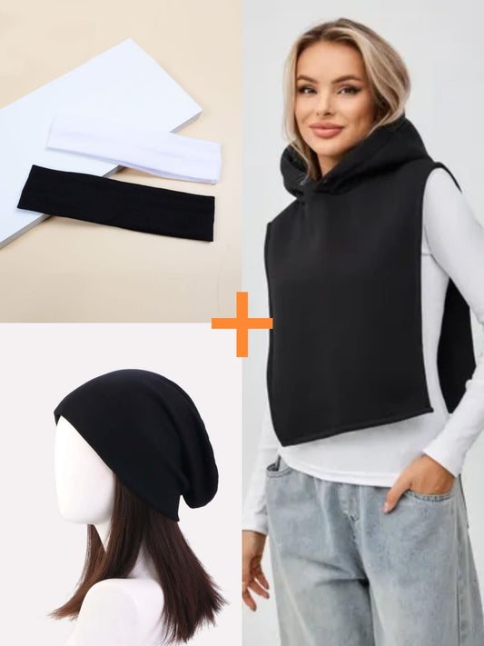 Pack "Layering Confort" : Snood à Capuche Noir, Bonnet Souple et Bandeaux Bicolores