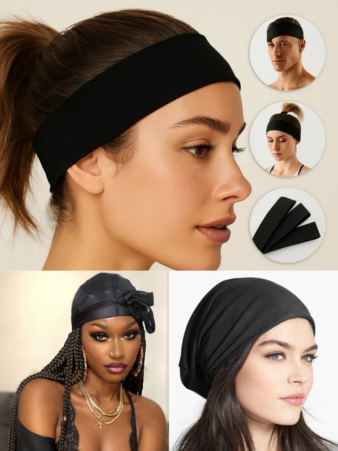 Pack Accessoires Cheveux Noir : Bandeau Sport, Durag Satin et Bonnet Confort