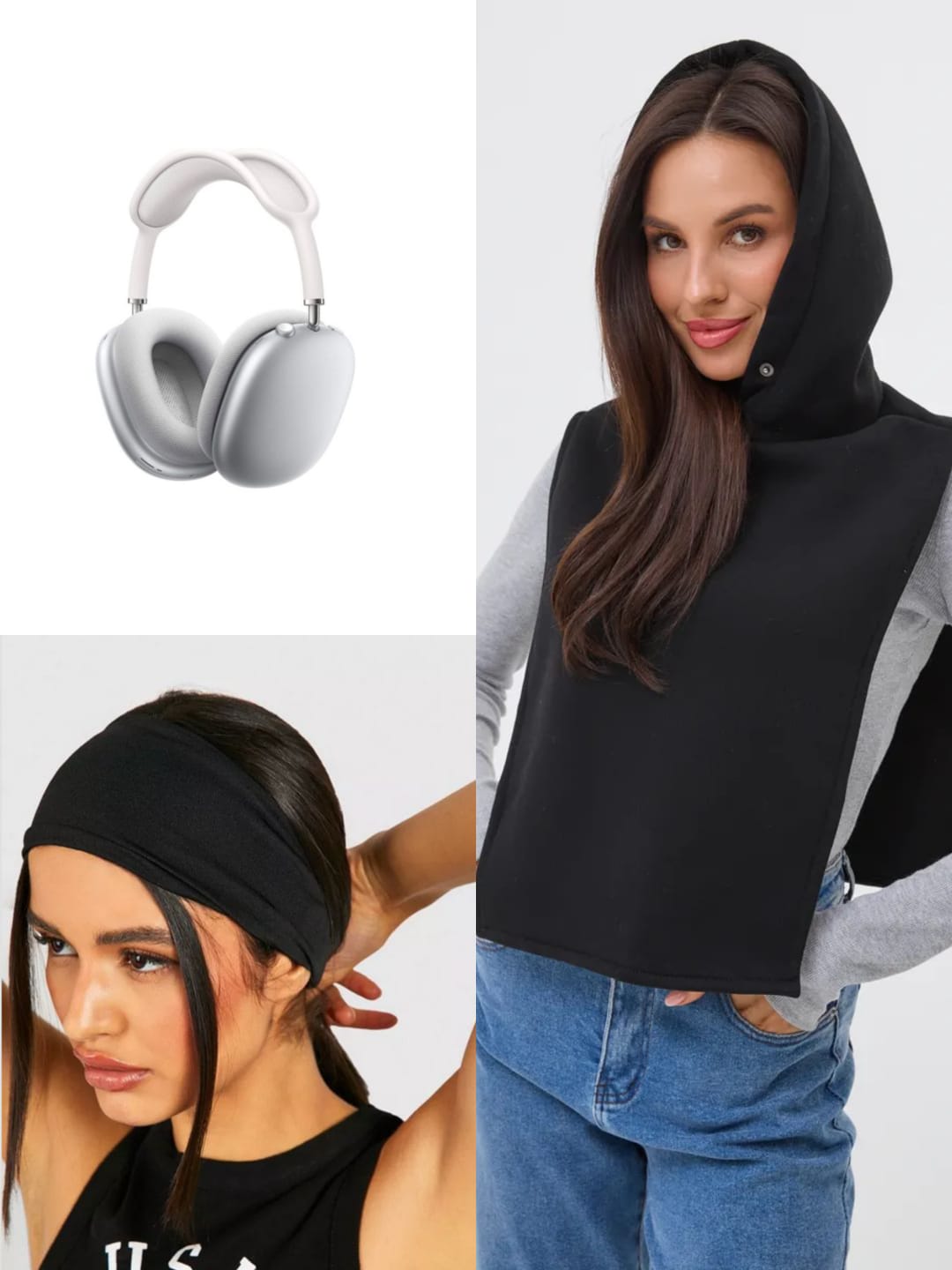 Trio Mode & Tech : Snood à Capuche Noir, Bandeau Sport et Casque Audio Blanc