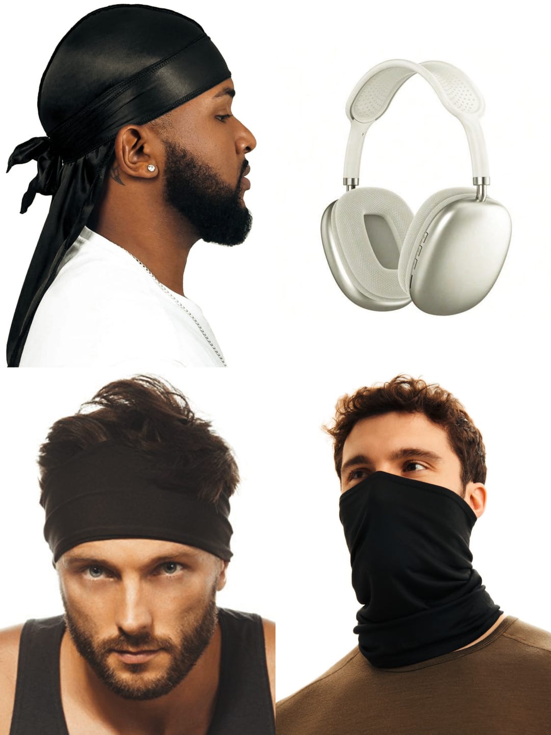 Pack Accessoires Homme : Durag Satin, Bandeau Sport, Cache-Cou Multi-Fonction & Casque Audio