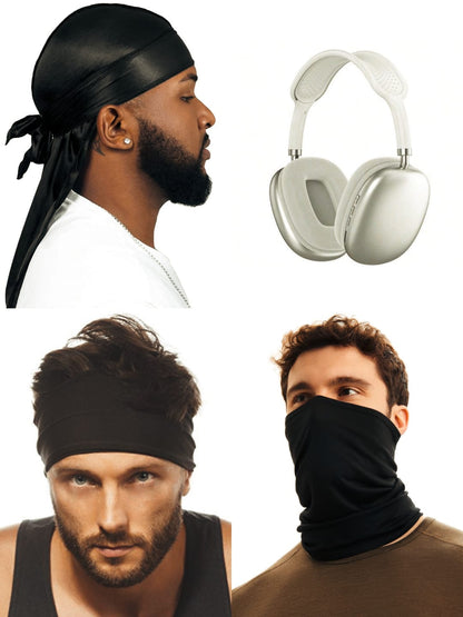 Pack Accessoires Homme : Durag Satin, Bandeau Sport, Cache-Cou Multi-Fonction & Casque Audio