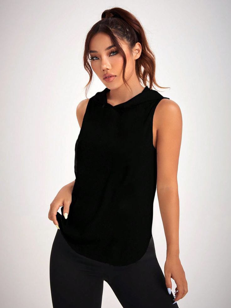 Débardeur à Capuche Noir Fluide - Performance et Style