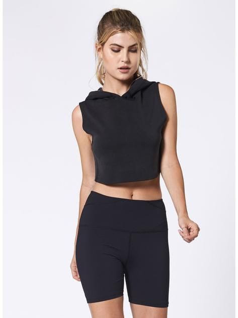 Crop Top Hoodie Noir Côtelé Sans Manches - Athleisure Chic