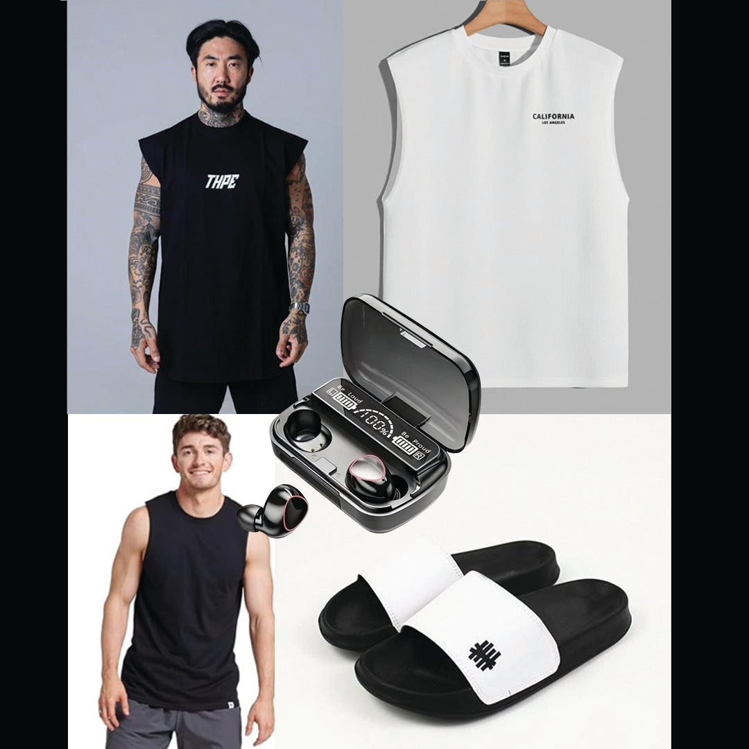 Pack Street & Gym Homme : Débardeurs, Écouteurs Sans Fil et Claquettes de Sport